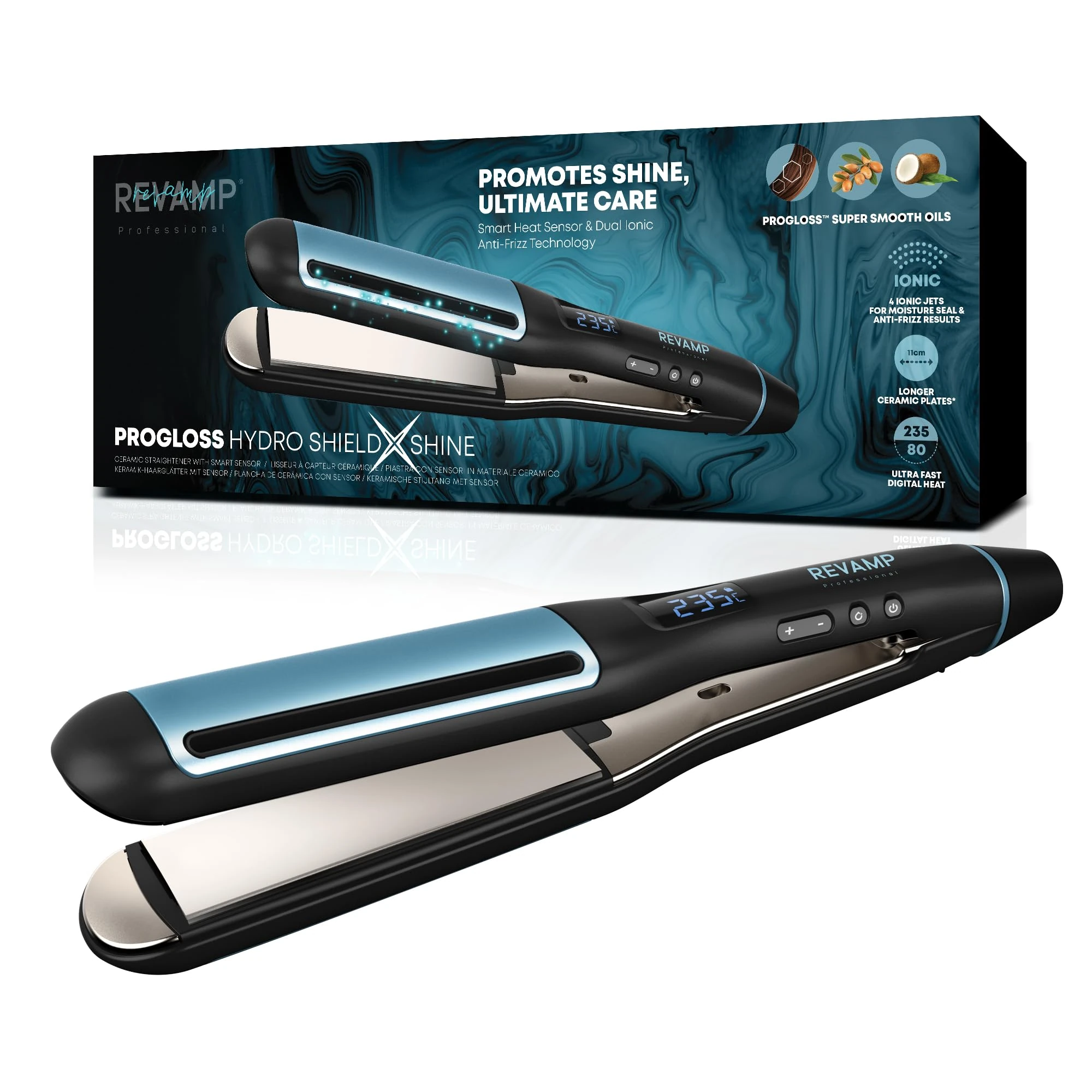 REVAMP Hydro Shield X Shine Ceramic Hair Straighteners - Long Plates for Fast One Stroke Styling, Straightening, Smart Sensor Heat Protection, 4 Ionic Jets - Salon Professional Hair Straightener