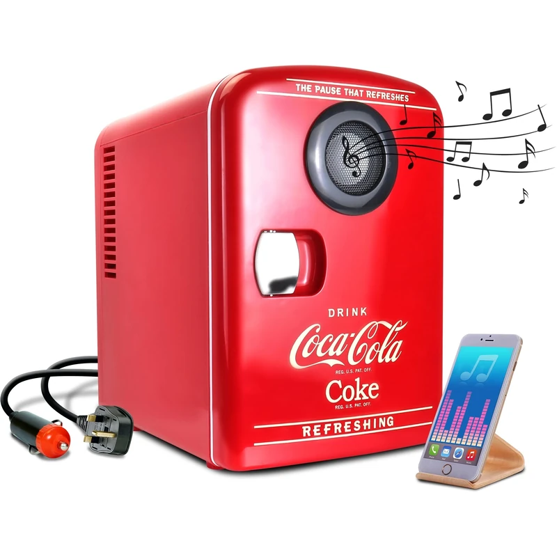 Coca Cola Mini Fridge - Refrigerator for Bedroom Skincare Office, Portable Table Top Beverage Cooler 12V DC/220V AC Refrigerador For Drink, Soda, Wine, Use In Car, Dorm, Patio, Bluetooth, 6 Can