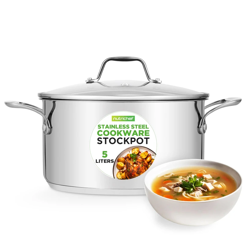 NutriChef Large Stainless Steel Stock Pot with Lid - Big Soup Pot, Heavy Cooking Pot with Glass Lid - Stew Pot, Cookware Induction Pot, Mirror Finish Stockpot, Deep Casserole Pot, 6-Qt / 5.7 Litre