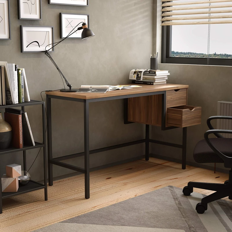 Office Hippo Walnut Desk with Drawers, Home Office Desk with Storage, 120 x 48 x 77 cm