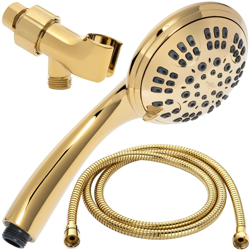 6 Function Handheld Shower Head Kit - High Pressure, Removable Hand Held Showerhead with Hose & Mount and Adjustable Rainfall Spray, 1.8 GPM - Polished Brass & California Certified
