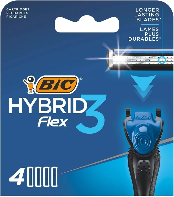 BIC Hybrid 3 Flex Men's Razor Refills with 3 Nano-Tech Titanium Moveable Blades - Box of 4 Cartridges