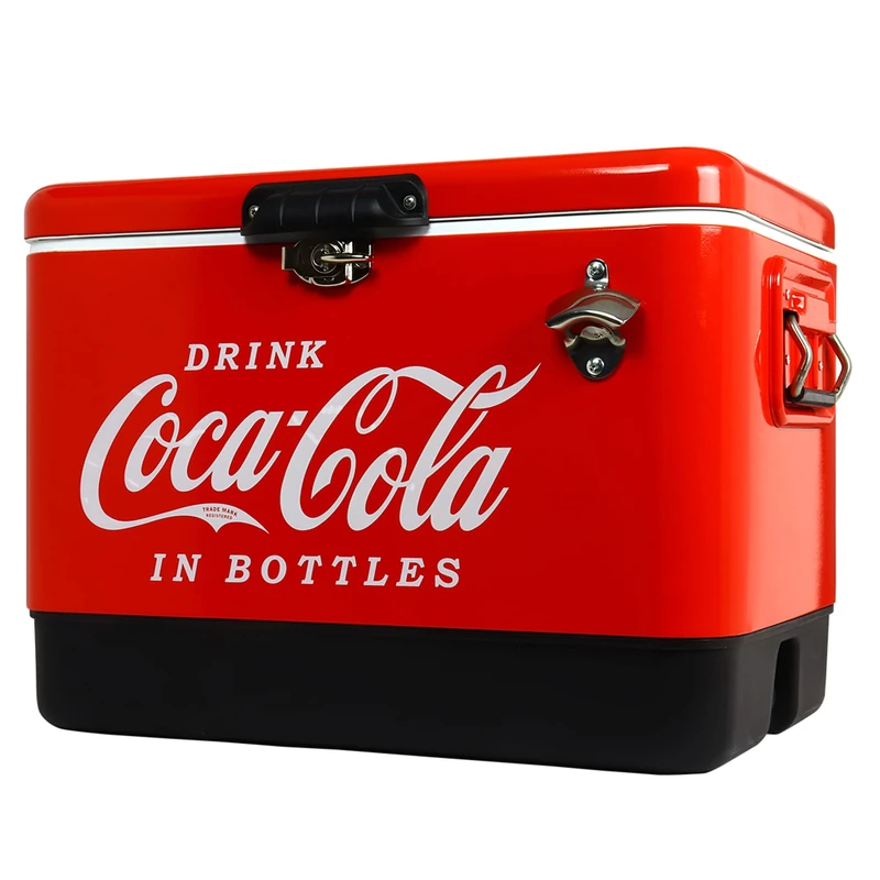 Coca Cola Cool Box 51L Leak-Proof Air Tight Drybox 85 Can Capacity Mini Ice Boxes Portable Cooler for Food Drinks with Bootle Opener Retro Ice Chest Ideal for Camping Hiking Fishing Picnic Red