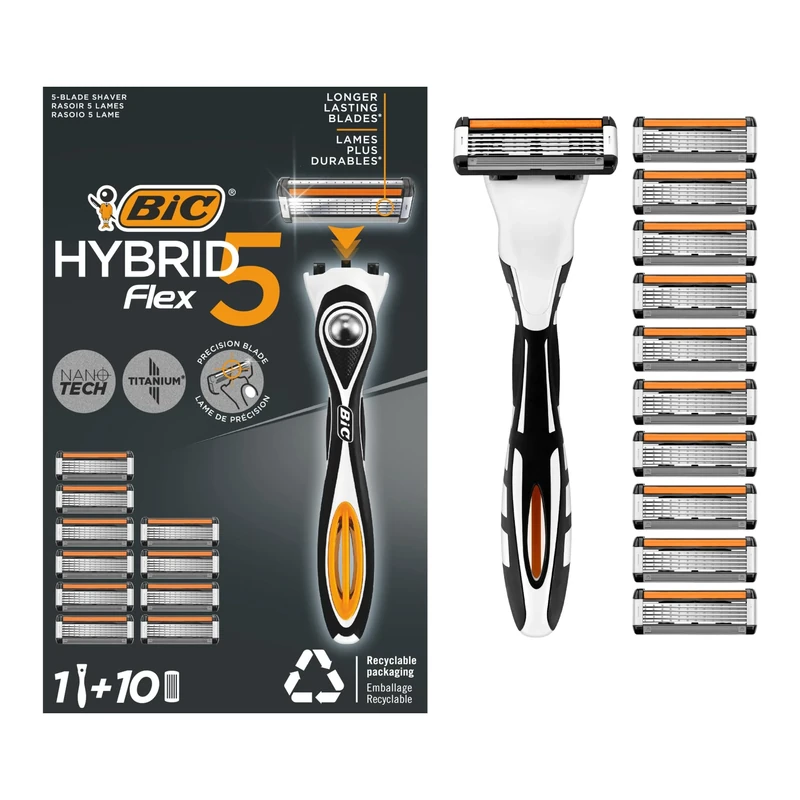 BIC Hybrid 5 Flex Refillable Men's Razor, 1 Weighted Handle and 10 Nano-Tech Titanium 5-Blade Refills with Precision Blade - Bundle of 1+10