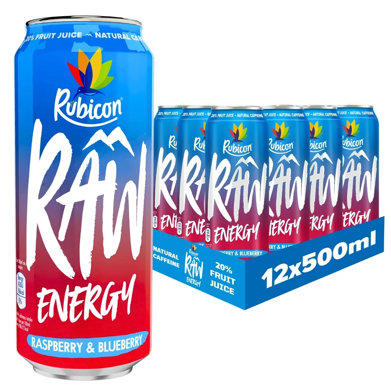 Rubicon RAW 12 Pack Raspberry & Blueberry 500ml Energy Drink, 20% Real Fruit Juice, High caffeine with B-Vitamins, Ginseng & Guarana, No Artificial Colours or Flavours, Reduce Tiredness & Boost Energy