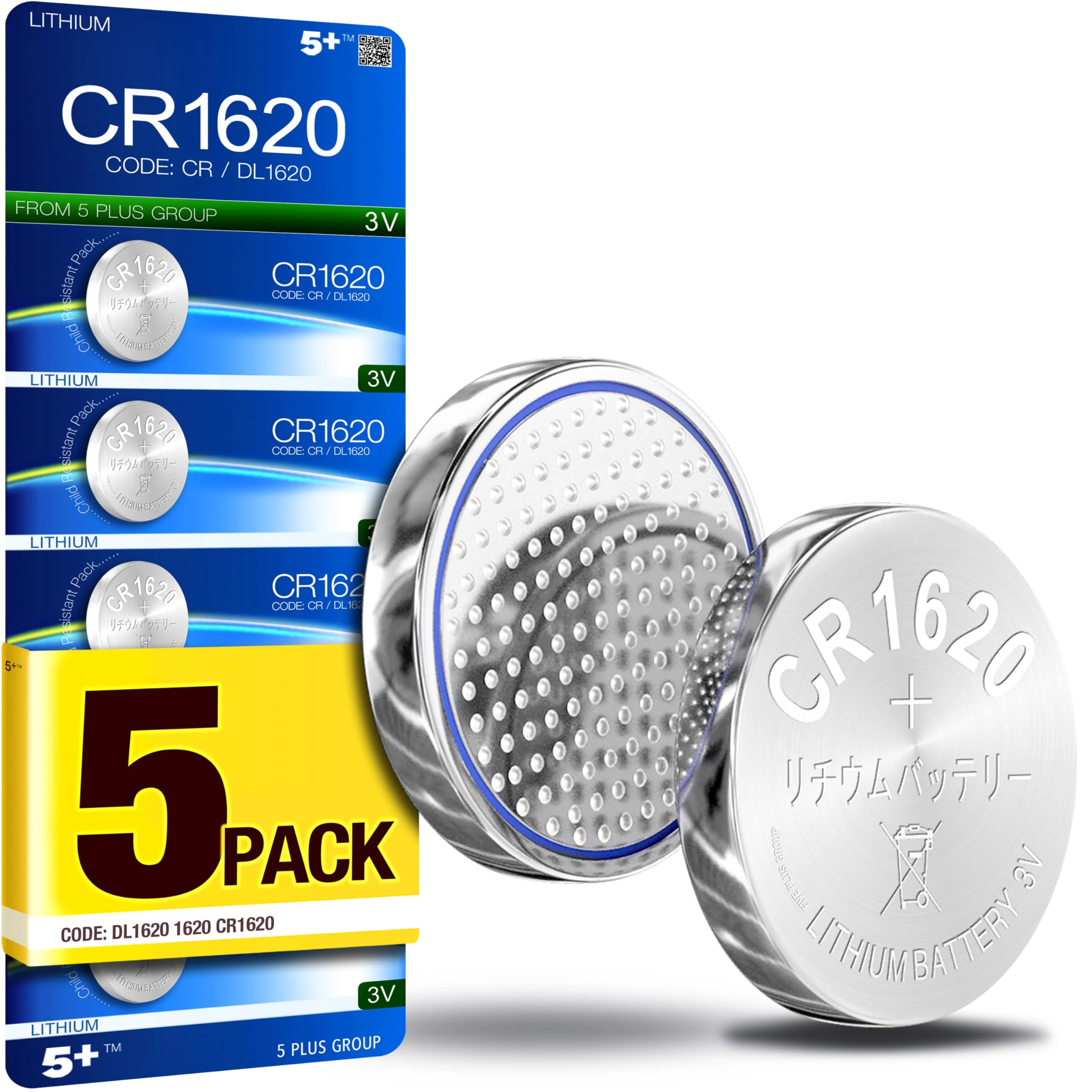 5Plus 5-Pack CR1620 3V Lithium Coin Cell Batteries – Compatible with CR1620, DL1620, ECR1620 – Ideal for Key Fobs, Scales, Toys, LED Lights, Wearables & Medical Devices