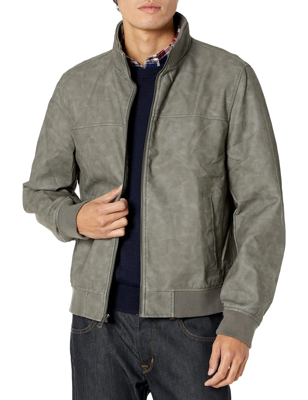Tommy Hilfiger Men's Smooth Lamb Touch Faux Leather Unfilled Windbreaker Bomber Jacket, Light Grey, S - Image 1