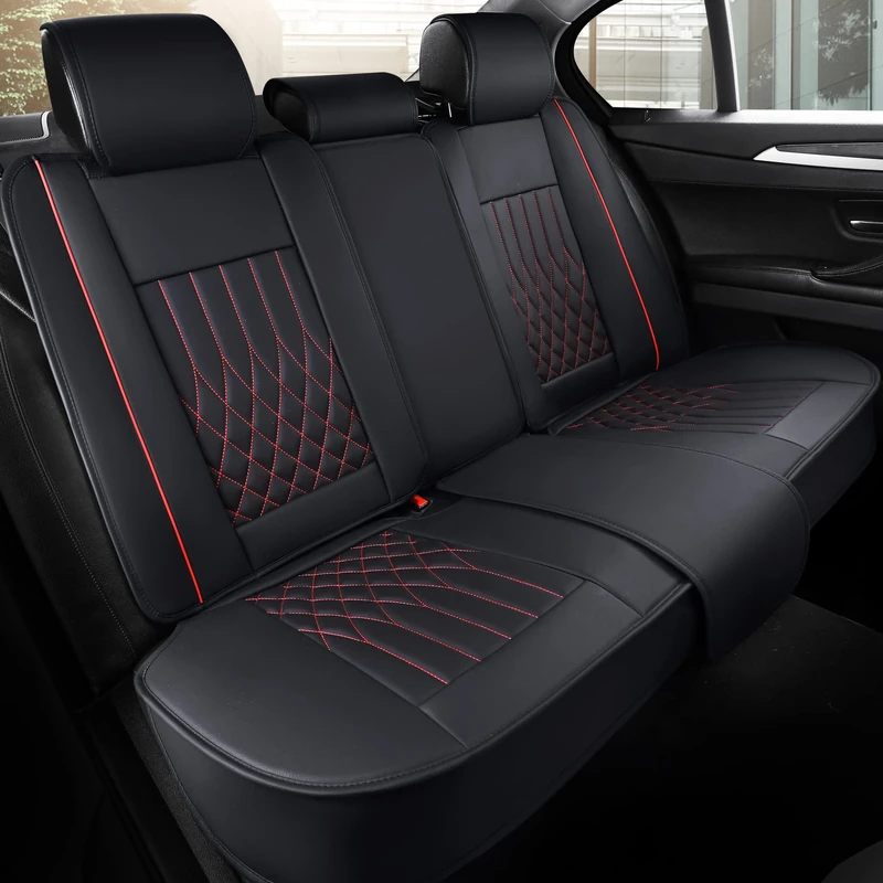 Aierxuan Rear Car Seat Covers with Waterproof Leather, Automotive Vehicle Cushion Cover Universal fit for Most Cars(Black-Red, Rear seat Cover)