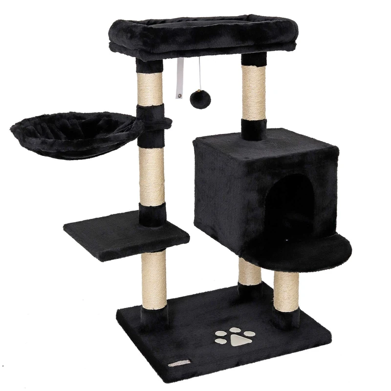 lionto Cat Scratching Post with Plush Ball Including Bell & Wall Bracket, Height 93 cm, Cat Tree with Sisal & Plush, Cosy Lying Surface & Caves, Suitable for Small and Large Cats, Black