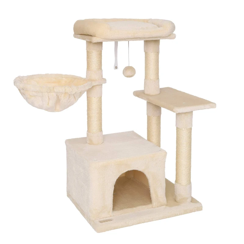 lionto Cat Scratching Post with Plush Ball and Lounger Height 85 cm Cat Tree with Sisal & Plush, Cosy Lying Surface & Cave, Includes Wall Bracket, Suitable for Small and Large Cats, Beige