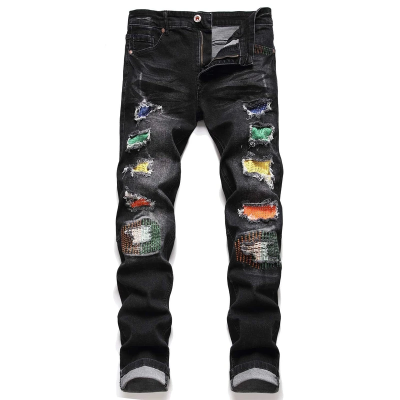 AITITIA Men's Biker Zipper Deco Washed Straight Fit Jeans - - 40W x 32L