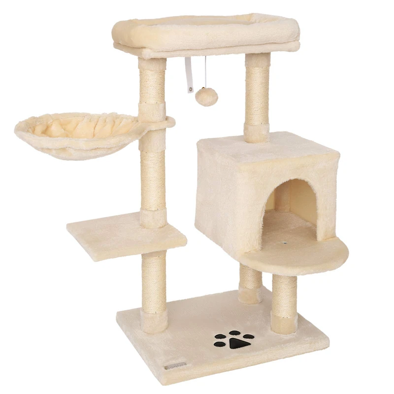 lionto Cat Scratching Post with Plush Ball Including Bell & Wall Bracket, Height 93 cm, Cat Tree with Sisal & Plush, Cosy Lying Surface & Caves, Suitable for Small and Large Cats, Beige
