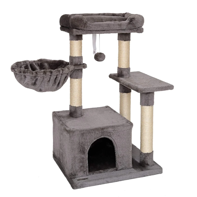 lionto Cat Scratching Post with Plush Ball and Lounger Height 85 cm, Cat Tree with Sisal & Plush, Cosy Lying Surface & Cave, Includes Wall Bracket, Suitable for Small and Large Cats, Dark Grey