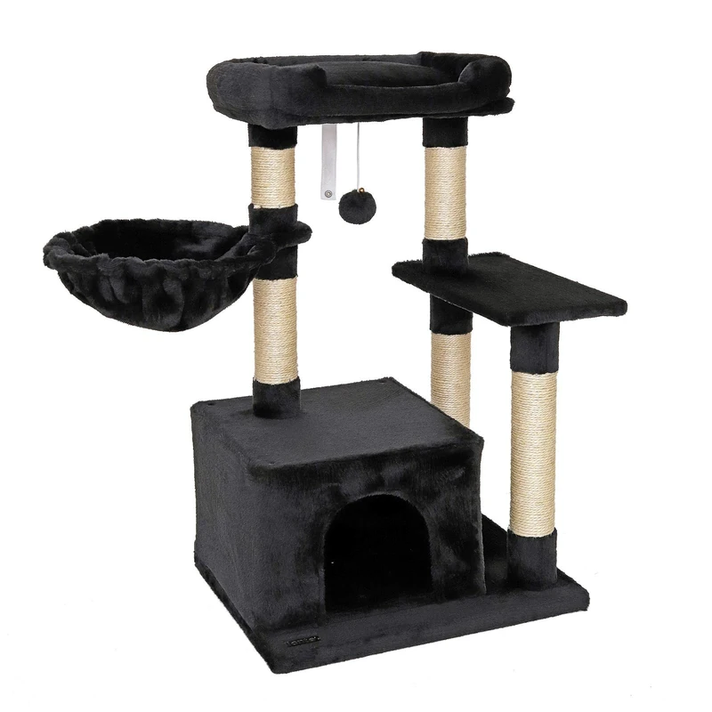 lionto Cat Scratching Post with Plush Ball and Lounger Height 85 cm, Cat Tree with Sisal & Plush, Cosy Lying Surface & Cave, Includes Wall Bracket, Suitable for Small and Large Cats, Black