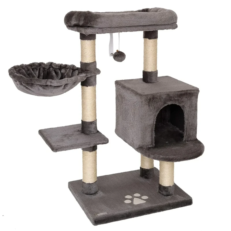 lionto Cat Scratching Post with Plush Ball Including Bell & Wall Bracket, Height 93 cm, Cat Tree with Sisal & Plush, Cosy Lying Surface & Caves, Suitable for Small and Large Cats, Dark Grey