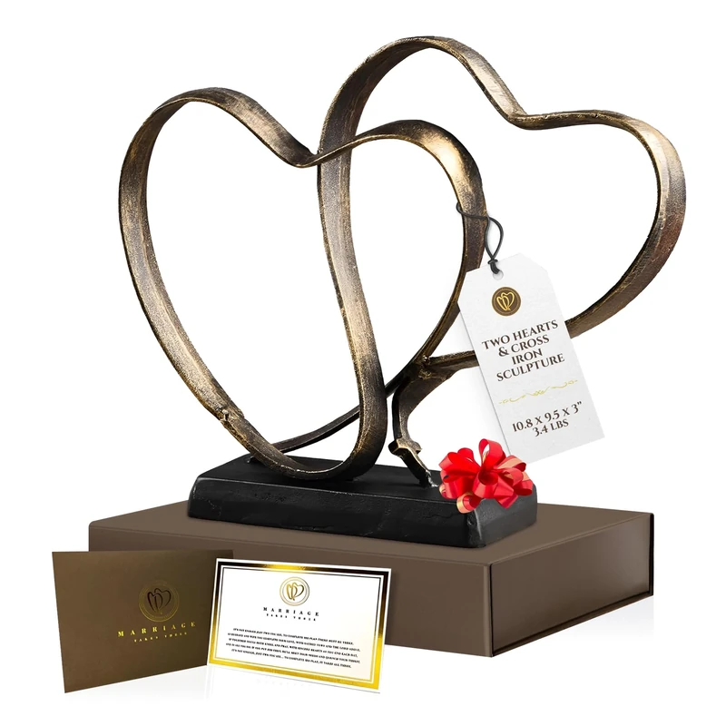 UTOPISH Wedding Anniversary Couples Gift,Two Hearts and Cross Iron Sculpture, 10.8x9.5 Inches for 1st to 50th or 60th Anniversary, Includes Gift Box and Poem Card