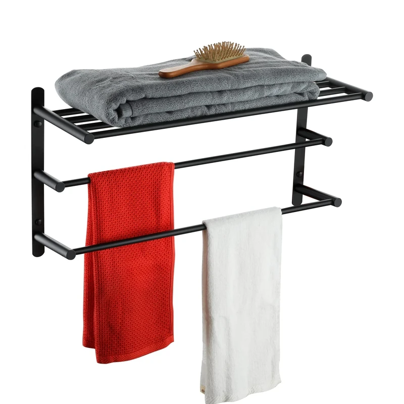 KOKOSIRI Towel Rails Bathroom Towel Rack Wall Mounted Double Towel Shelf Bath Organizer Shelves with Double Towel Bar, Matte Black, B5003BK