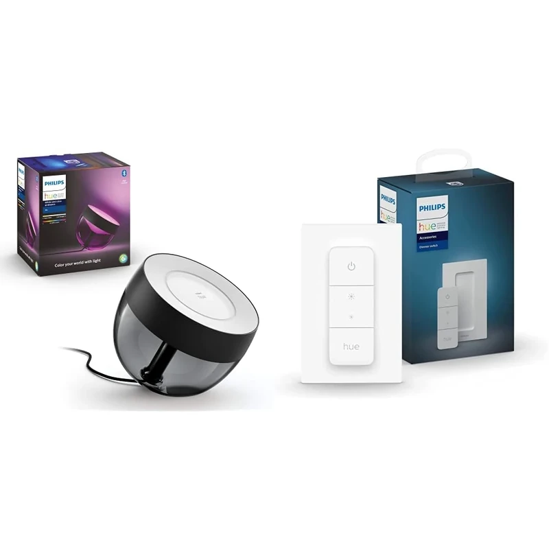 Philips Hue White and Colour Ambiance Iris [Black] Smart LED Table Lamp Bundle, Includes Hue Dimmer Switch, with Bluetooth Compatible with Alexa and Google Assistant [Energy Class A+]