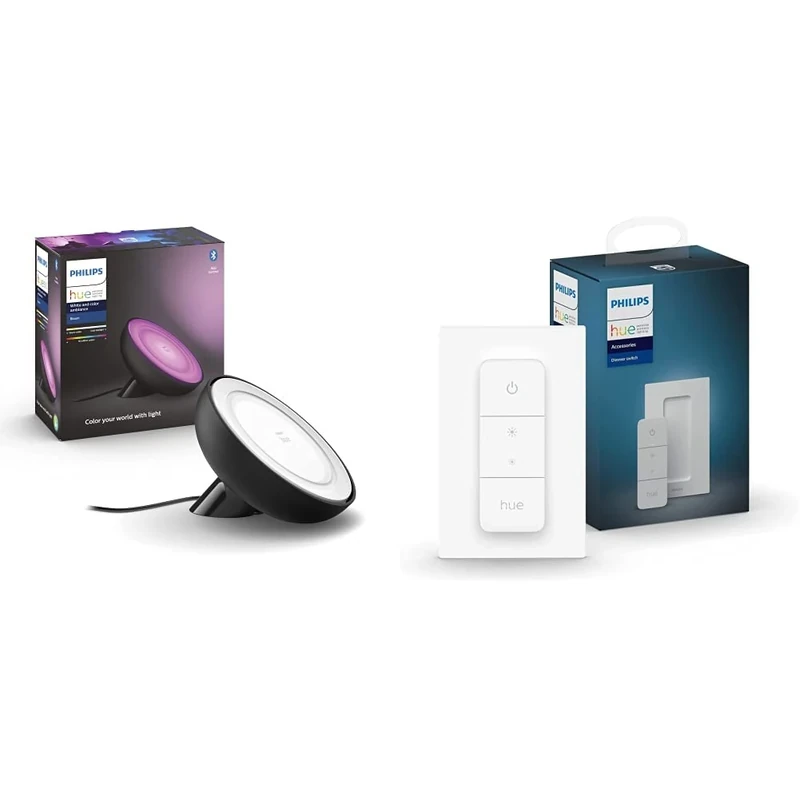 Philips Hue White and Colour Ambiance Bloom [Black] Smart LED Table Lamp Bundle, Includes Hue Dimmer Switch, with Bluetooth Compatible with Alexa and Google Assistant [Energy Class A+]