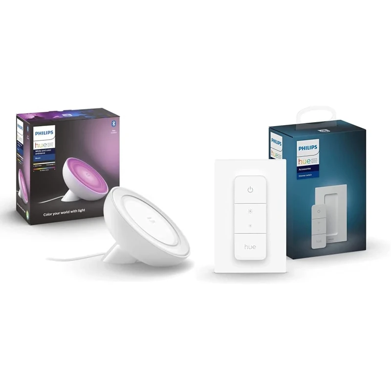 Philips Hue White and Colour Ambiance Bloom [White] Smart LED Table Lamp Bundle, Includes Hue Dimmer Switch, with Bluetooth Compatible with Alexa and Google Assistant [Energy Class A+]