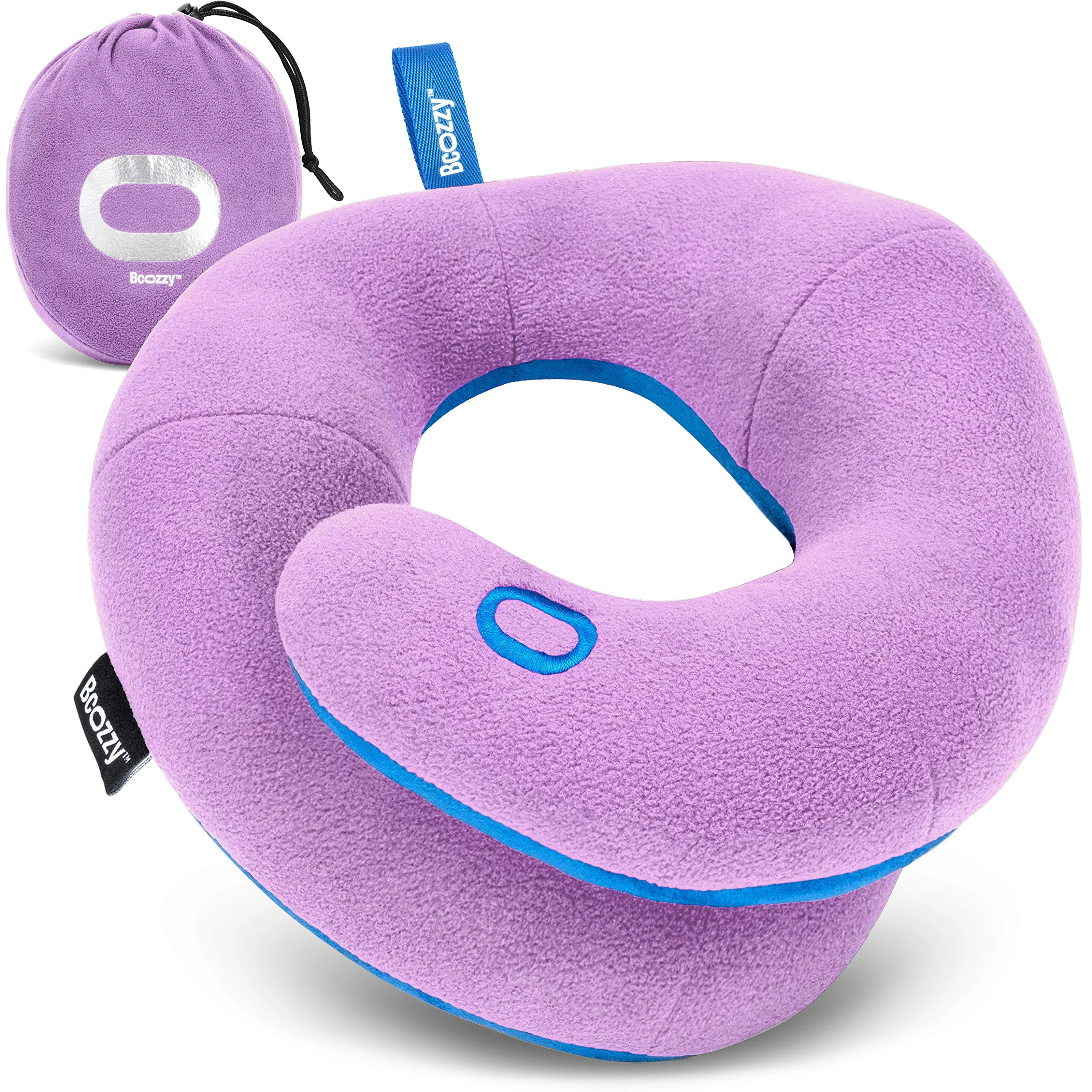 BCOZZY Kids Chin Supporting Travel Pillow for Ages 3–7- Patented Soft Neck Pillow for Head and Chin Support in Car Seat and Airplane. Comfortable Travel Essential. Small Size, Bag, Light Purple