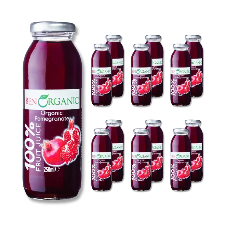 BenOrganic Pomegranate Juice (12 x 250ml) Glass Bottles, Organic Juices, Sugar and Additives Free - Not from Concentrate