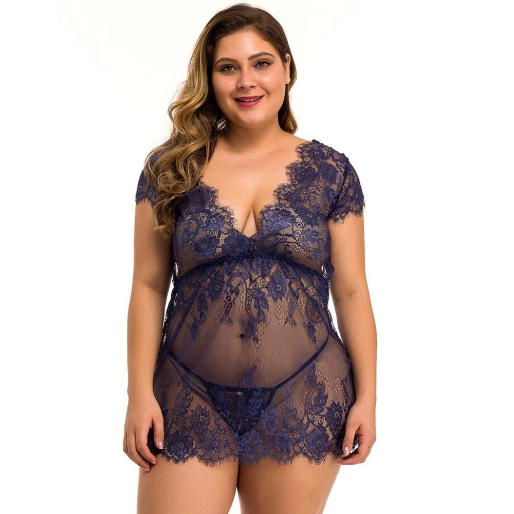 Women's Erotic Baby Dolls Women Sexy Lingerie Lace Plus Size Bra Thong Temptation Perspective Sleepwear Erotic Porno Nightdress Underwear-Blue_4XL