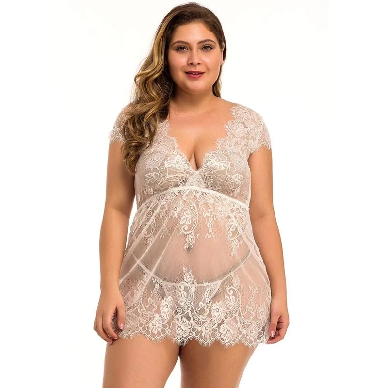Women's G-Strings Thongs & Tangas Women Sexy Lingerie Lace Plus Size Bra Thong Temptation Perspective Sleepwear Erotic Porno Nightdress Underwear-White_4XL