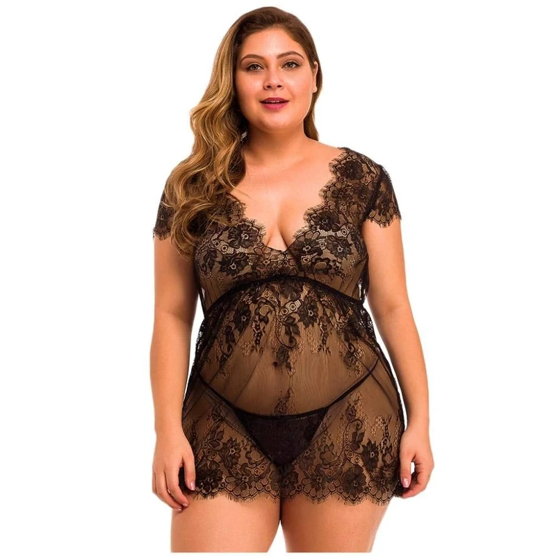 Women's Erotic Bodystockings Women Sexy Lingerie Lace Plus Size Bra Thong Temptation Perspective Sleepwear Erotic Porno Nightdress Underwear-Black_4XL