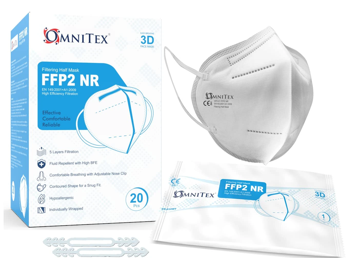 Omnitex FFP2 Face Mask - Box of 20, Individually Wrapped | High Filtration - 5 Layers | EN149 CE Certified | Hypoallergenic | Fluid Resistant | Ear Loops & Adaptable Nose Bridge | 5X Extenders