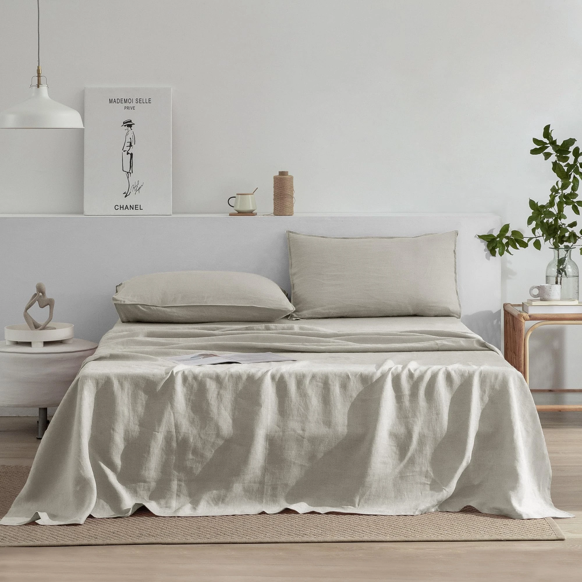 EVERLY Linen Sheets Set Queen Size,100% French Stonewash Pure Linen Sheets Set,4Pieces (1Flat Sheet,1Fitted Sheet,2Pillowcase) Suitable for Hot Sleepers,Not Dyed Deep Pocket Natural Bedding Set-Linen