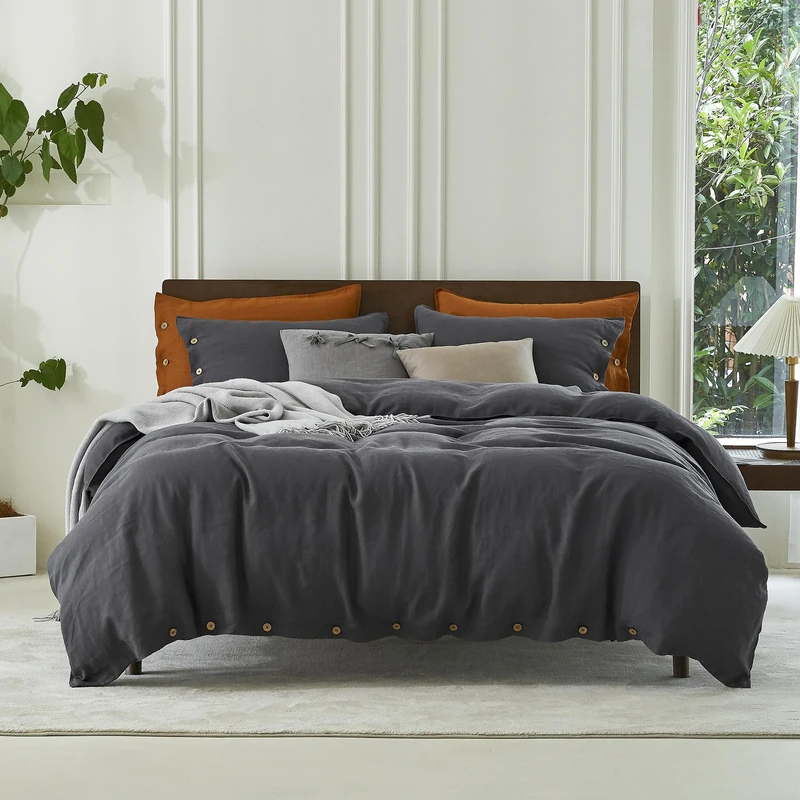 EVERLY 100% Pure Linen Duvet Cover Set Queen Size90X90Inch 3pcs (1 Duvet Cover,2 Pillowcases) Soft and Breathable for All Season with Coconut Button Closure, Suitable for Hot Sleepers-Dark Grey-Queen