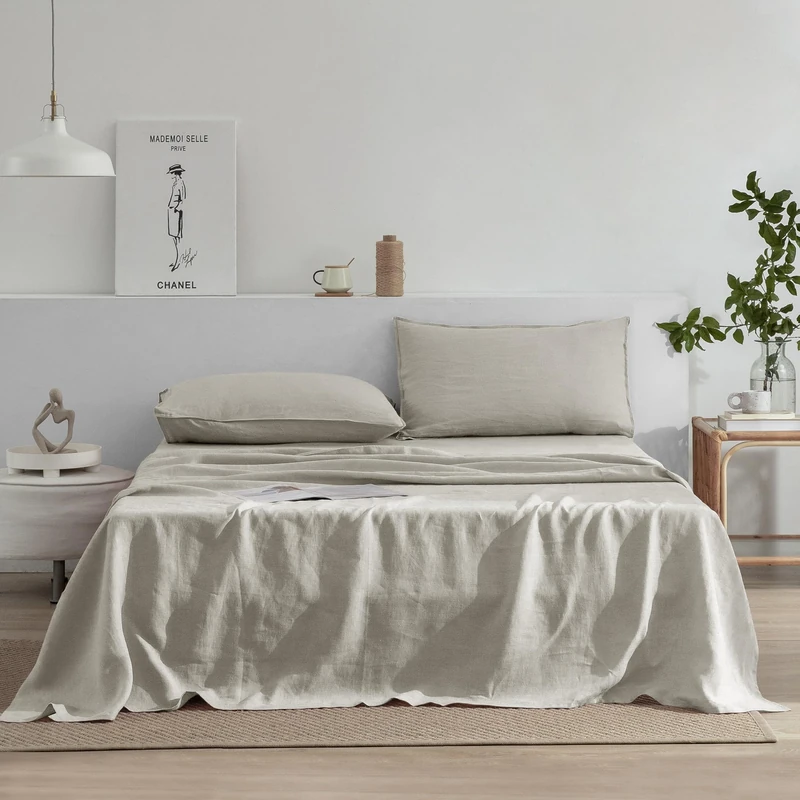 EVERLY Linen Sheets Set Full Size,100% French Stonewash Pure Linen Bed Sheets,4Pieces (1Flat Sheet,1Fitted Sheet,2Pillowcase) Suitable for Hot Sleepers,Deep Pocket Natural Bedding Set