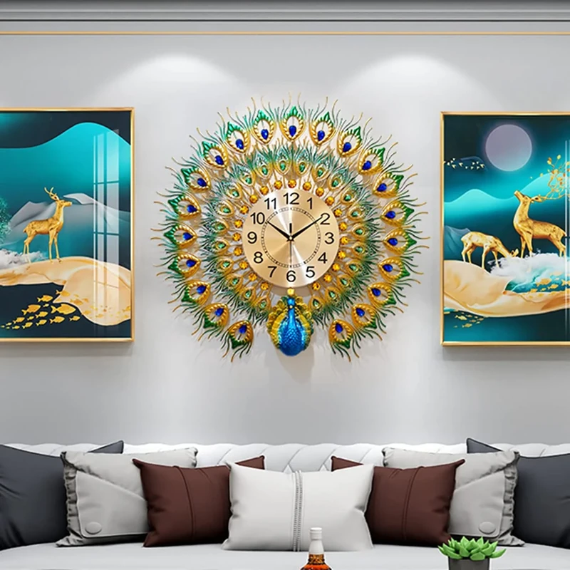 EURSON Luxury Large Peacock Wall Clock 23.723.7 inch Non-Ticking Silent Crystal Creative Personality Modern Art Decorative Wall Clocks for Living Room Decor (Blue&Green-S)