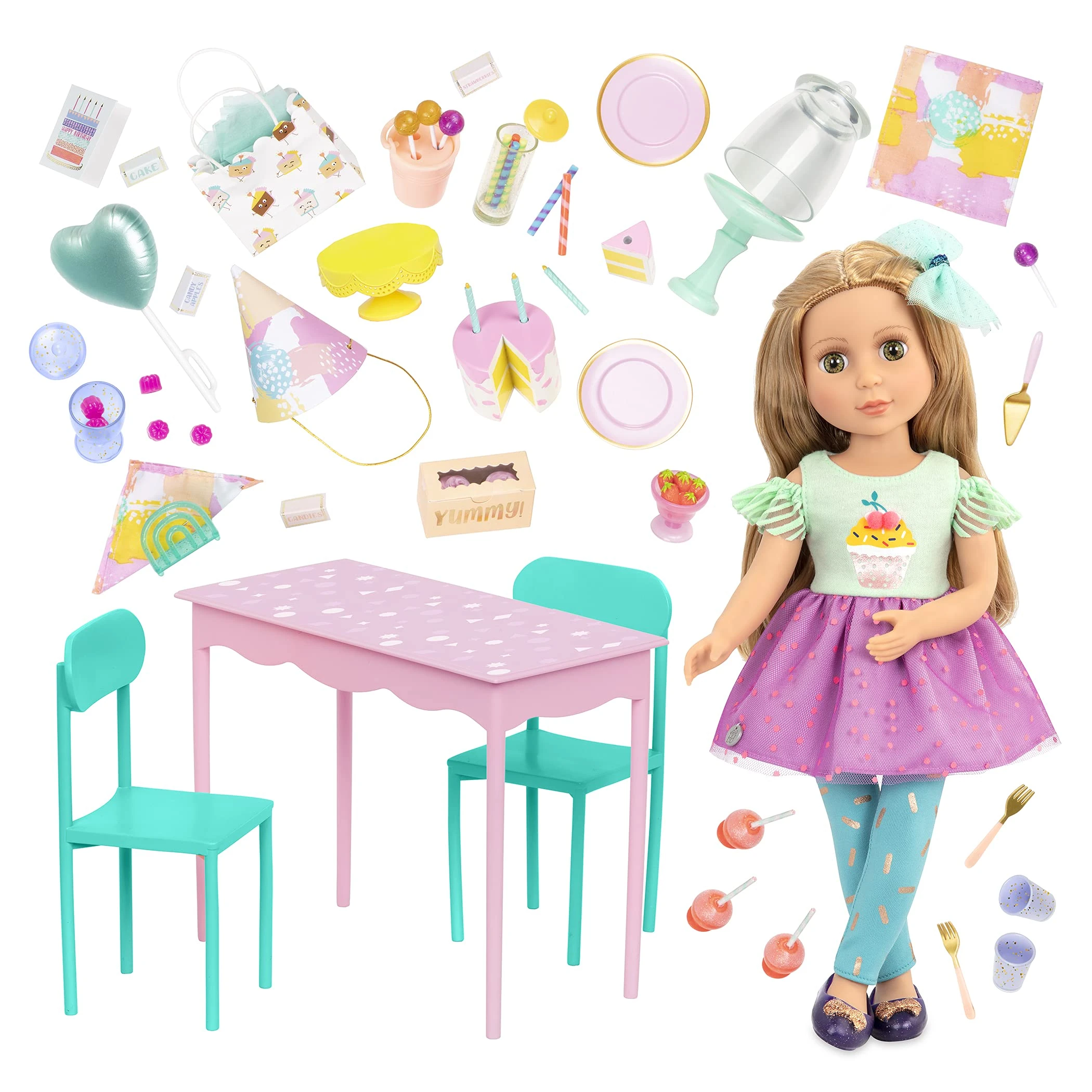 Glitter Girls – 14-Inch Fashion Doll Set – Table & Chairs Furniture – Play Food Cake, Candy & Decoration Accessories 3+ Years - Sashka & Surprise Birthday Party Set
