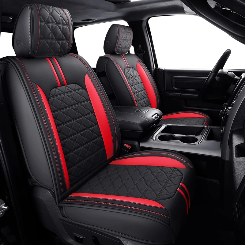 YIERTAI Dodge RAM Seat Covers fit for 2009-2023 1500HD 2010-2023 2500/3500HD Limited Laramie Big Horn Crew Double Cab Quad Cab Waterproof Leather Truck Seat Covers(5 PCS Full Set/Black-Red)