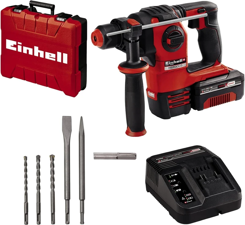 Einhell Power X-Change Cordless SDS Plus Hammer Drill with Battery and Charger - 2.2 Joule, 18V Brushless 4-in-1 Drill, Impact Drill, Screwdriver and Chisel - HEROCCO 18/20 Rotary Hammer Drill Set