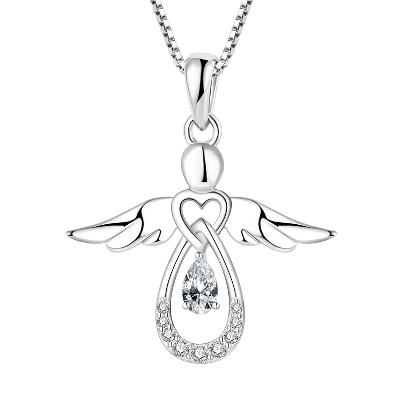 FJ Guardian Angel Necklace 925 Sterling Silver Angel Pendant Cubic Zirconia Necklace April Birthstone Jewellery Gifts for Women