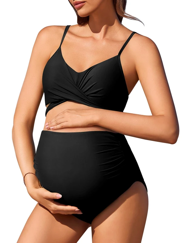 Women Criss Cross Maternity Bikini High Waist String Floral Two Piece Pregnancy Swimwear, Black, Medium