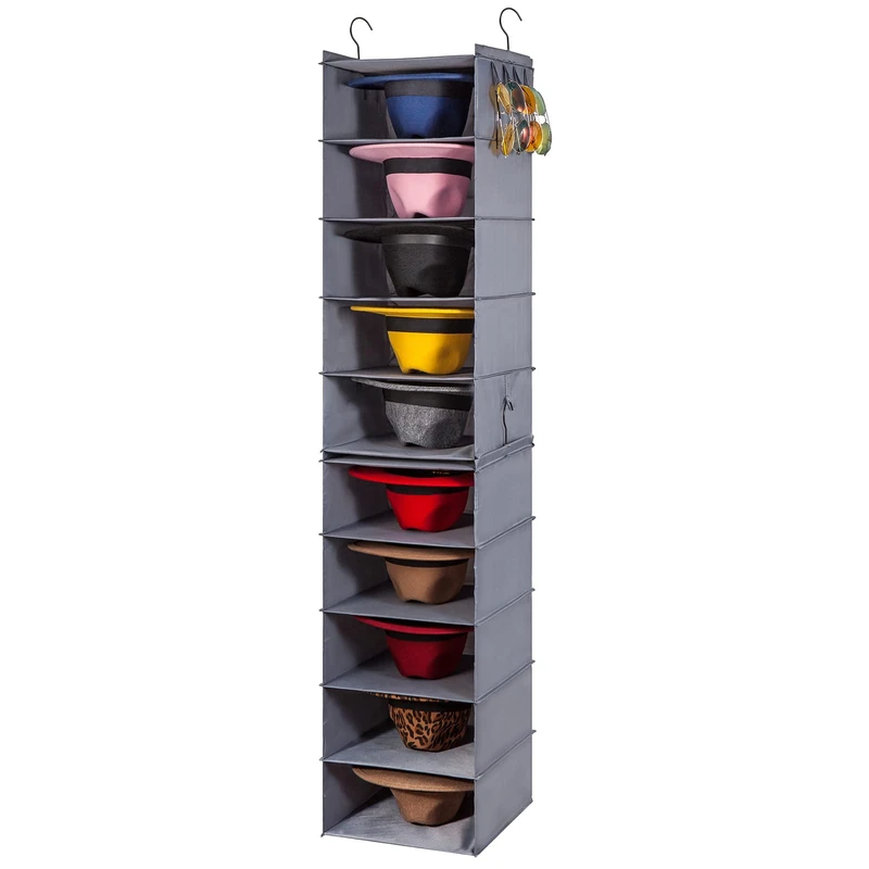 LADYBRO Hat Rack for Closet Hat Organizer, 10-Shelf Organizer for Fedora Trilby Hanging Storage Display Hanger Holder Caps Sunglass, Oxford Cloth Grey - Image 1