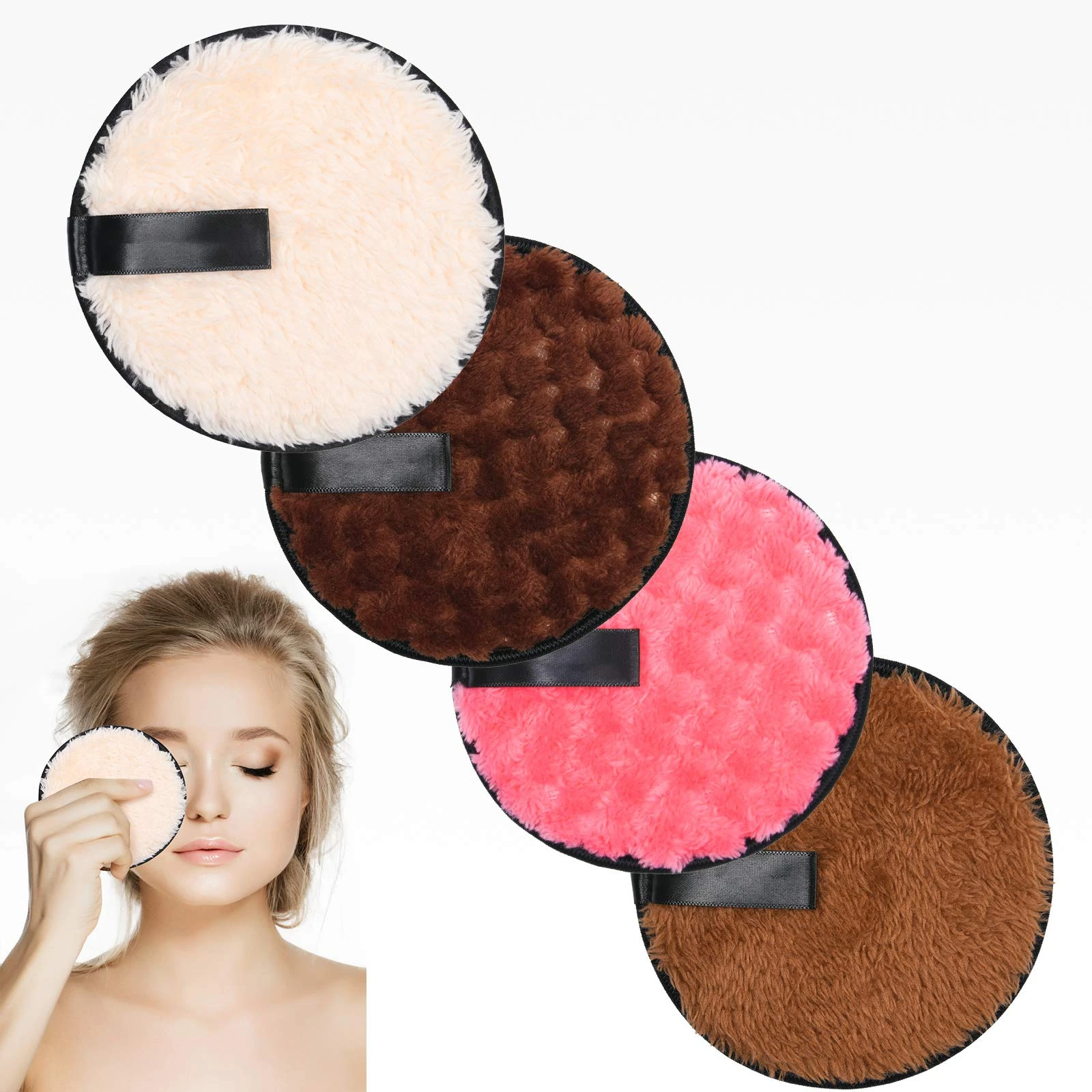 URAQT Makeup Remover Pads, 4 Pack Reusable Large Double-sided Face Cleansing Cloths, Washable Microfibre Cotton for Eyes, Suits All Skin Types