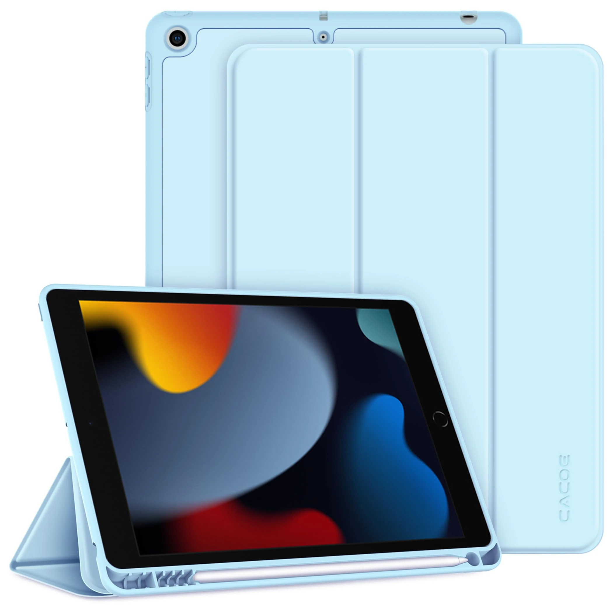 CACOE Case Compatible with iPad 9th /8th /7th Generation 2021 2020 2019, 10.2 Inch Case with Pencil Holder, Soft TPU Back Cover Auto Wake/Sleep, Light Blue