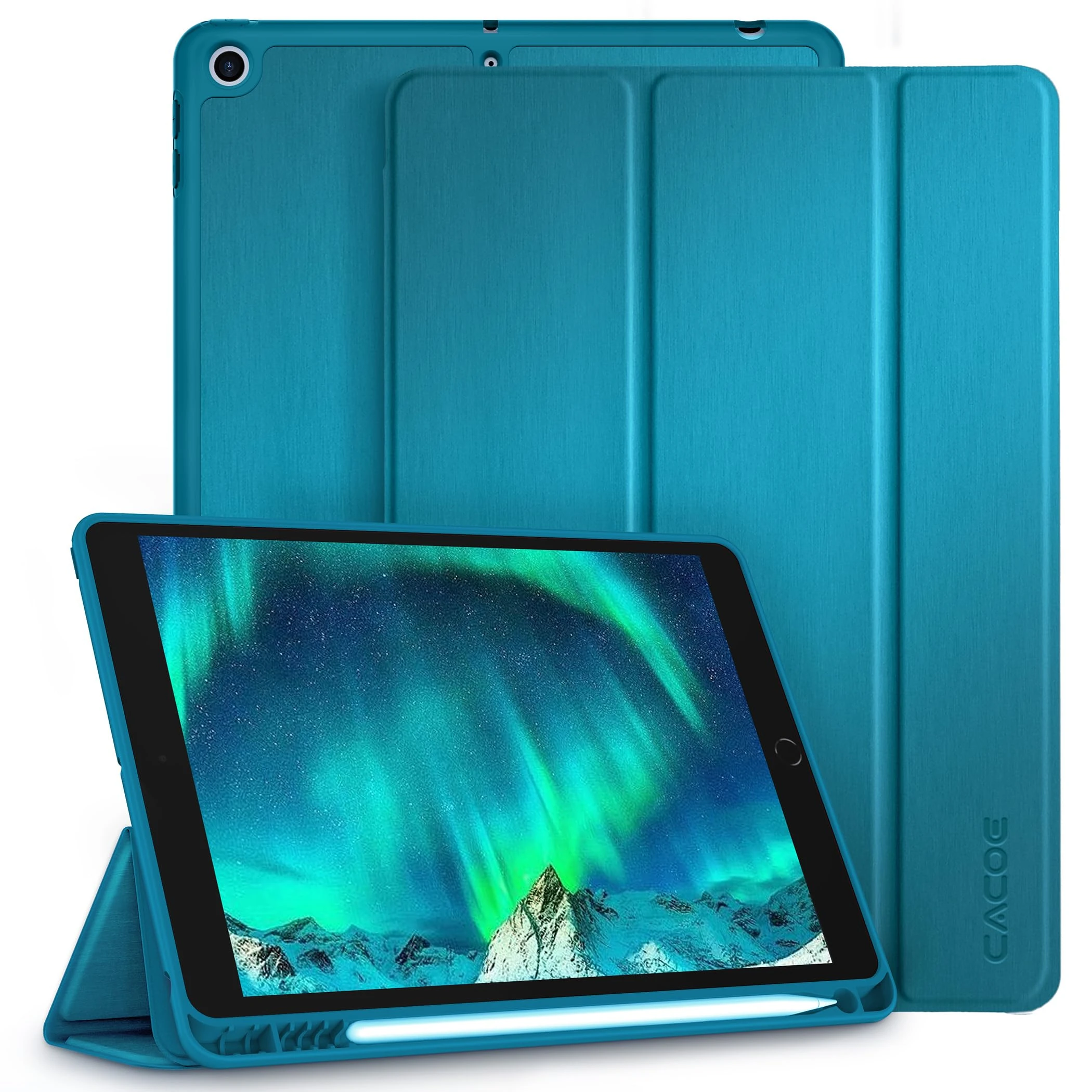CACOE Case Compatible with iPad 9th /8th /7th Generation 2021 2020 2019, 10.2 Inch Case with Pencil Holder, Soft TPU Back Cover Auto Wake/Sleep, Peacock Blue