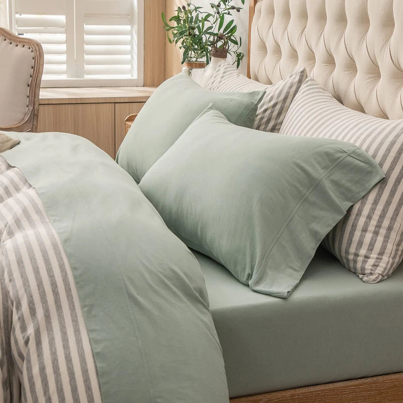 PURE ERA Jersey Knit 4pc Bed Sheet Set 100% T-Shirt Cotton Super Soft Comfy Breathable Fits Mattress Up to 20" Extra Deep Pocket (Solid Sage Green, Queen) - Image 1