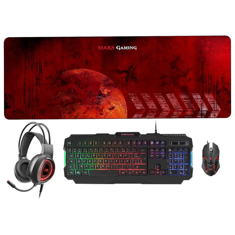 Mars Gaming MCPRGB2FR, French, Gaming Combo Keyboard + Mouse + XXL Mouse Pad + Headset, Black