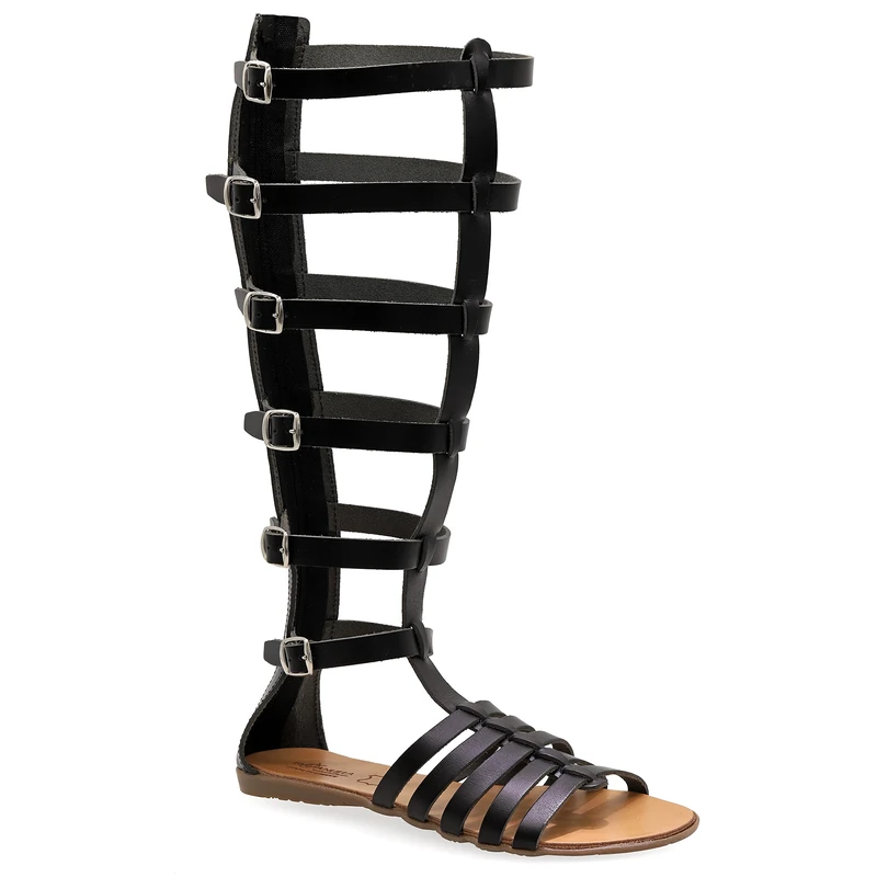 Size 4 Black Emmanuela Ancient Greek Style Handmade Leather Flat Sandals, Quality Gladiator Knee High Sandals with Rear Zipper at Shaft, Strappy Summer Shoes for Women