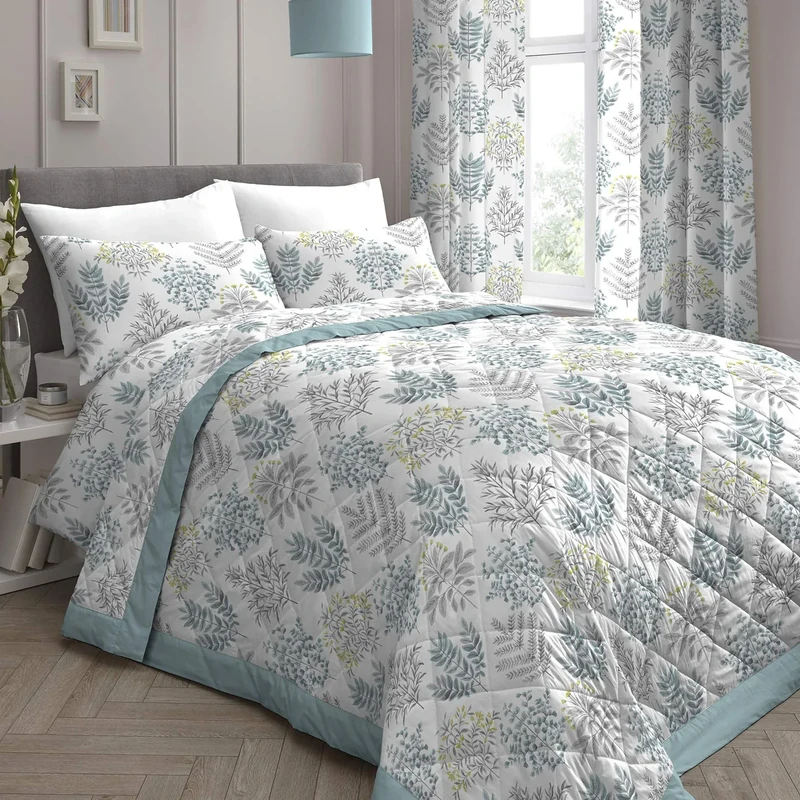 Dreams & Drapes - Duck Egg Floral Fern Bedspread (230cm X 195cm) - Reversible Design - Botanical Leaf Quilted Bedspreads in Duck Egg - Floral Blanket/Bed Cover for Bed - Matching Duvet Cover Available