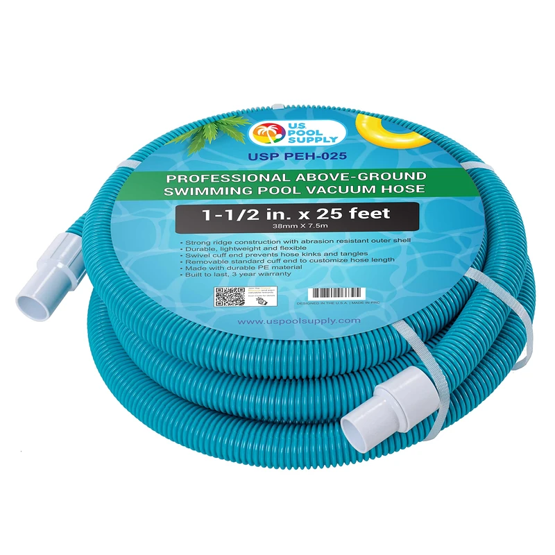 U.S. Pool Supply 1-1/2 inch x 25 Foot Professional Above Ground Swimming Pool Vacuum Hose with Swivel Cuff - Removable Cuff, Cut to Fit Compatible with Filter Pumps, Filtration Systems, Chlorinators