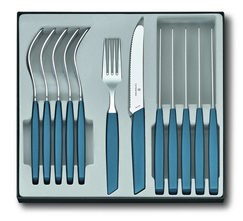 Victorinox Modern Cutlery Set for 6 People, Set of 2, Includes Sharp Knives, With Wavy Edge, Plastic Handle, Cornfllower Blue