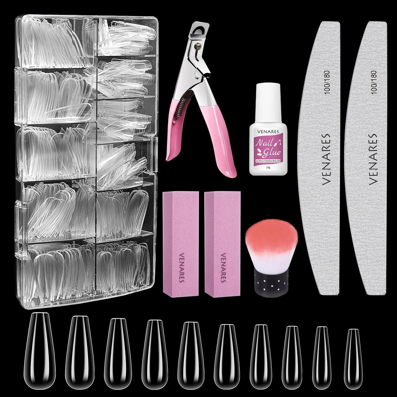 Clear False Nails with Glue, Venares 500 Pcs False Nail Tips 10 Size Acrylic Nails Tips and Glue Nails File Buffer Block Acrylic Nail Brush Nail Clipper, Fake Nails Set for Gel Extensions